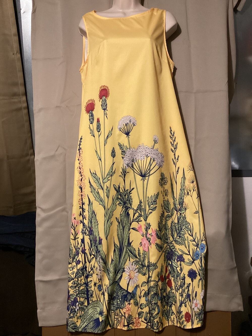 Ms Look Long Summer Dress SZ L Sleeveless Yellow Cottage Core Garden Flower